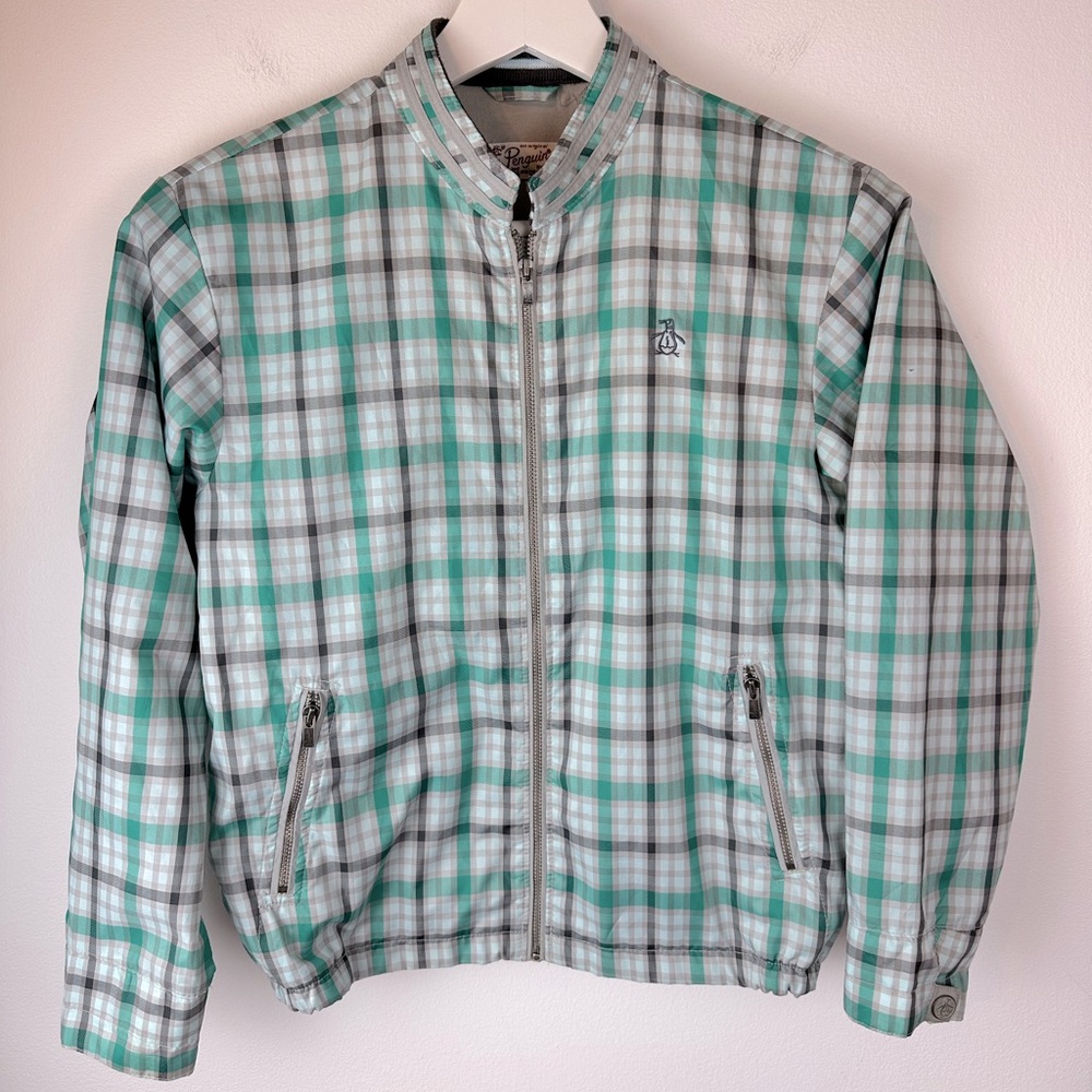 ORIGINAL PENGUIN Boys Green & Grey Plaid Windbreaker Jacket | Size Large (7)